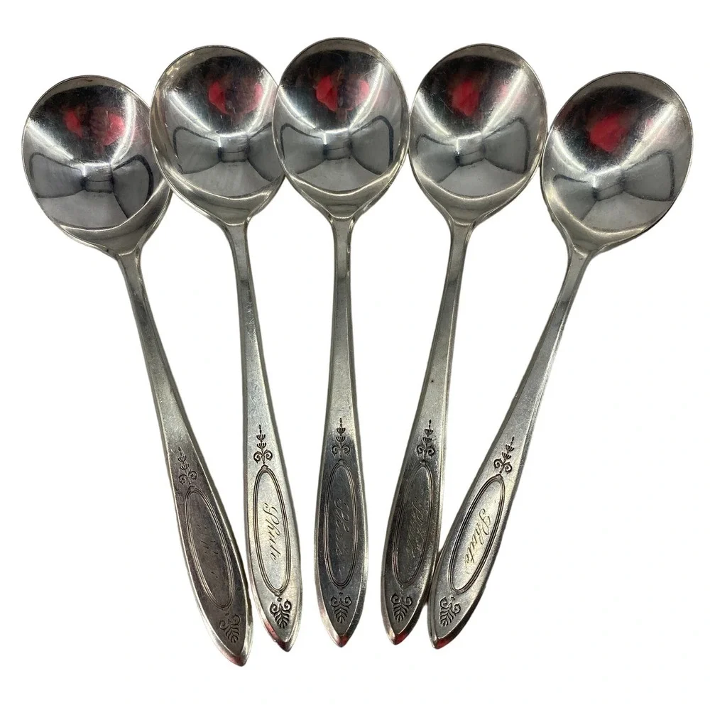 Set 5 ADAM Oneida Community Plate ADAM silverplate table Soup Spoon Monogramed